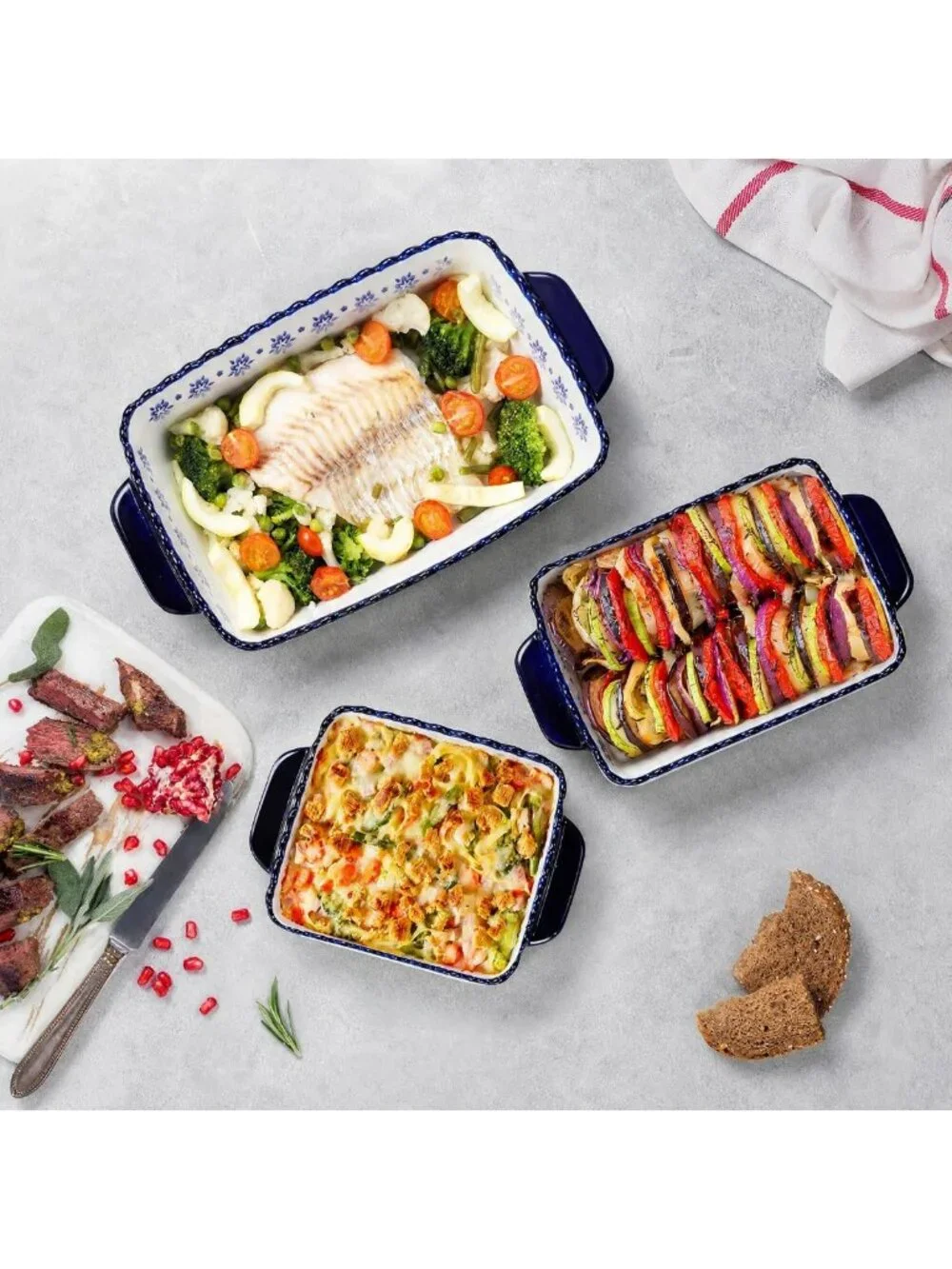 3-Pack Porcelain Baking Dishes Set - Rectangular Lasagna & Casserole Pans for